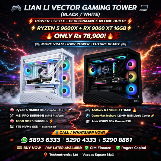 LIAN LI VECTOR GAMING TOWER (BLACK / WHITE)Ryzen 5 9600X-RX 9060XT 16 GB