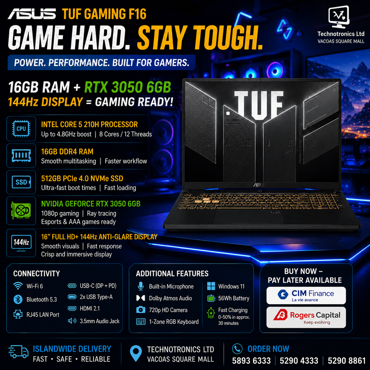 ASUS TUF Gaming FX607VJ-I58512G5W | Processor: Intel®️ Core™️ 5 210H | Memory: 16 GB DDR4 | Storage: 512GB M.2 2280 NVMe™️ PCIe | Graphics: NVIDIA®️ GeForce RTX™️ 3050 (6GB GDDR6)
