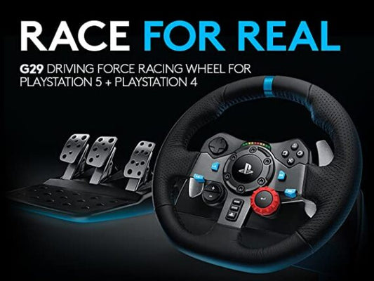 Gaming Console Logitech G29 Driving Force Racing Wheel and Floor Pedals, Real Force Feedback, Stainless Steel Paddle Shifters, Leather Steering Wheel Cover for PS5, PS4, PC, Mac - Black