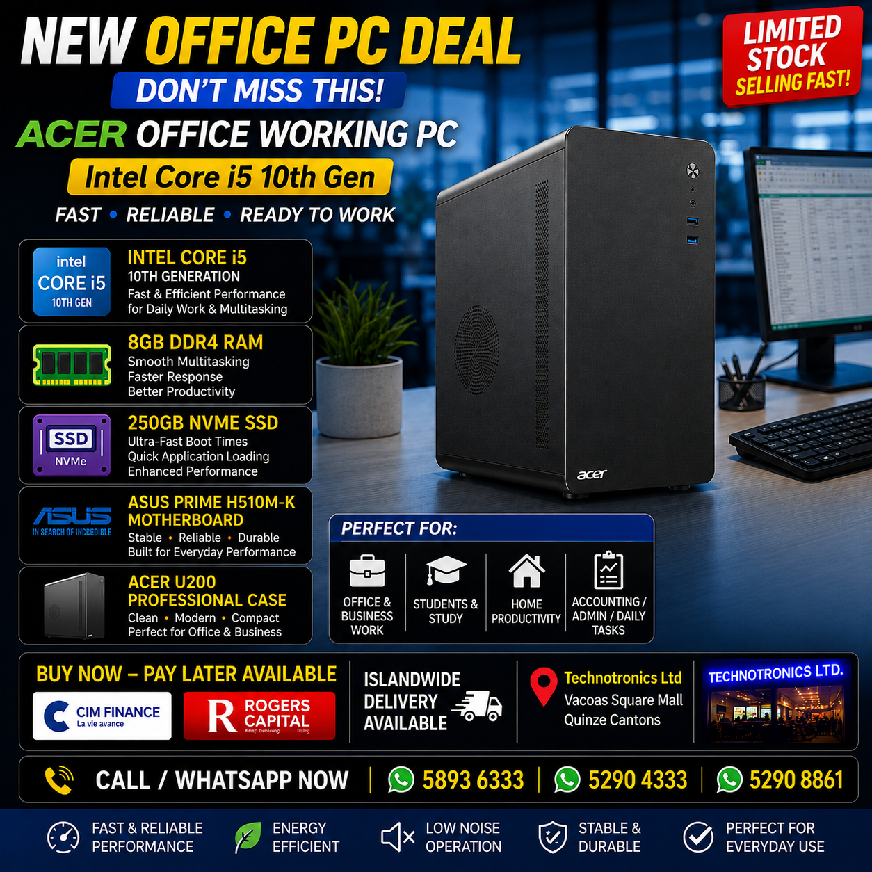 ACER OFFICE WORKING PC TOWER β INTEL CORE i5 10TH GEN!