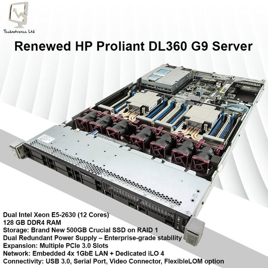 Renewed HP Proliant DL360 G9 Server 12 Cores, 128 GB RAM