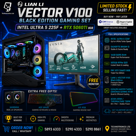 Lian Li Vector V100 Black Edition Gaming Set | Intel Ultra 5 225F CPU | 16GB DDR5 RAM | 500GB NVMe SSD | PNY RTX 5060 8GB