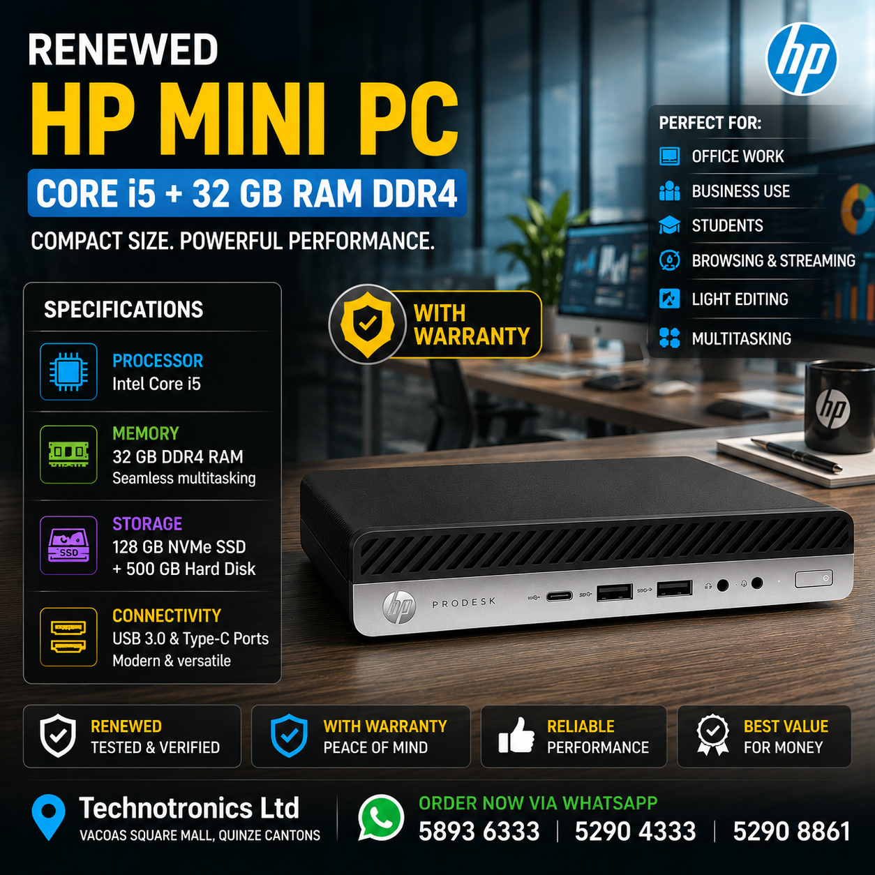 Renewed HP Mini PC | Processor: Intel Core i5 β 8th Gen | Memory: 32 GB DDR4 RAM | Storage: 128GB NVMe +500 GB Hard Disk