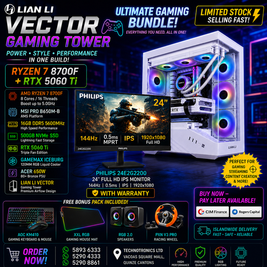LIAN LI VECTOR GAMING SET – HIGH-END GAMING SETUP | AMD Ryzen 7 8700F | RAM 16GB DDR5 | 500GB NVMe SSD | RTX 5060 Ti | FREE Racing Wheel!