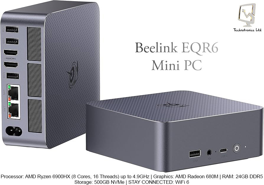 Beelink EQR6 Mini PC | Processor: AMD Ryzen 9 6900HX | Graphics: AMD Radeon 680M | RAM: 24GB DDR5 | Storage: 500GB NVMe