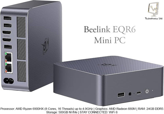 Beelink EQR6 Mini PC | Processor: AMD Ryzen 9 6900HX | Graphics: AMD Radeon 680M | RAM: 24GB DDR5 | Storage: 500GB NVMe