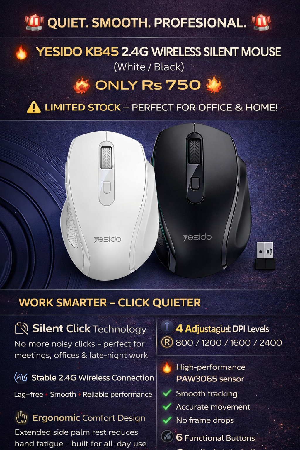 π₯ YESIDO KB45 2.4G WIRELESS SILENT MOUSE ( White/ Black)π₯