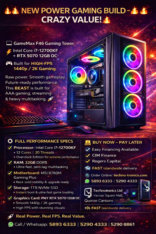 GameMax F46 Gaming Tower | Processor: Intel Core i7-12700KF |MSI B760M Gaming WIFI Plus| RAM: 32GB DDR5 | Storage: 1TB NVMe SSD | Graphics Card: PNY 5070 12GB Overclock Edition