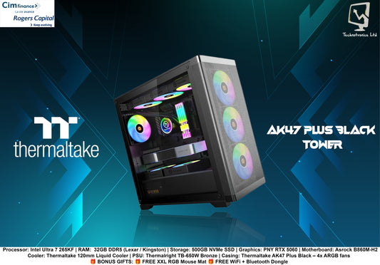 Thermaltake AK47 Plus Black Tower | Processor: Intel Core Ultra 7 265KF| RAM:Kingston 32 GB DDR5 @ 6400MHz | Storage: 500GB NVMe SSD | Graphics: PNY RTX 5060