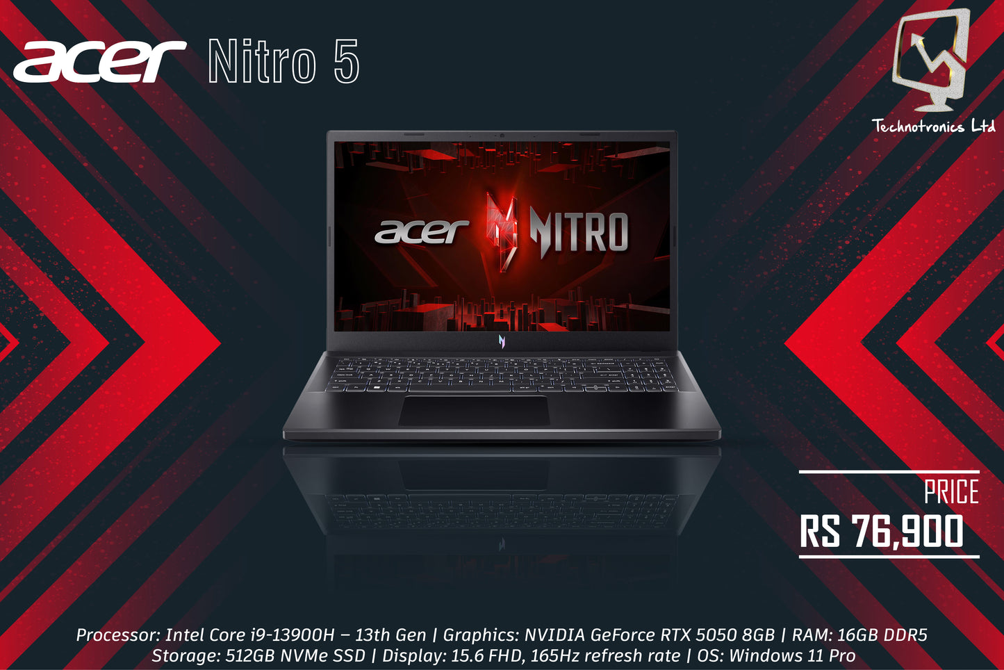 Acer Nitro V Gaming Laptop | Processor: Intel Core i9-13900H | Graphics: NVIDIA GeForce RTX 5050 8GB | RAM: 16GB DDR5 | Storage: 512GB NVMe SSD