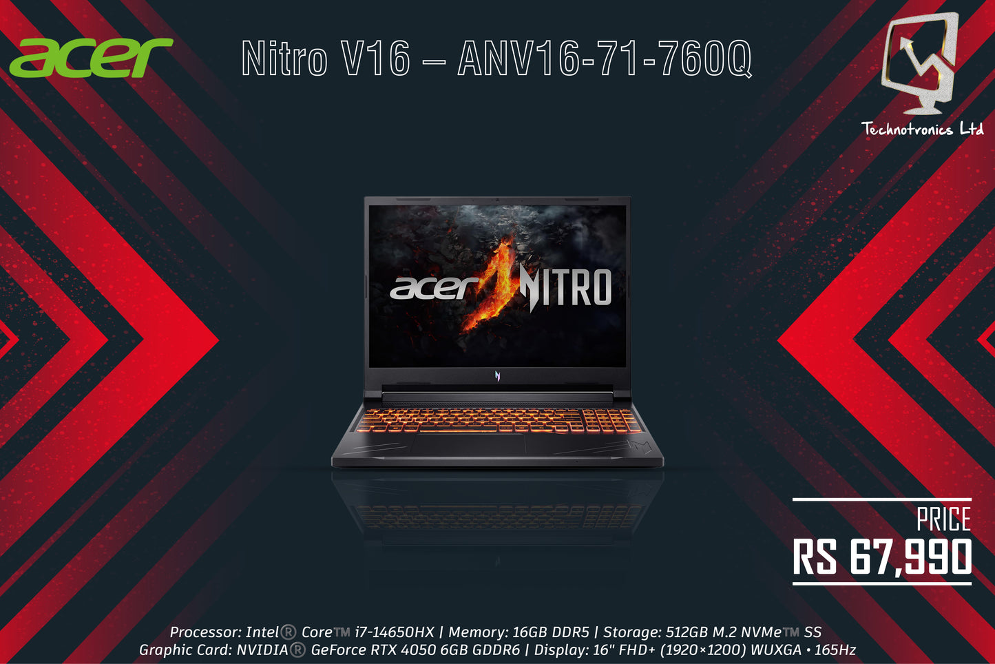 Laptop Acer Nitro V16 | Processor: Intel®️ Core™️ i7-14650HX | Memory: 16GB DDR5 | Storage: 512GB M.2 NVMe™️ SSD | Graphic Card: NVIDIA®️ GeForce RTX 4050 6GB GDDR6