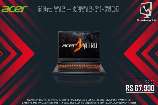 Laptop Acer Nitro V16 | Processor: Intel®️ Core™️ i7-14650HX | Memory: 16GB DDR5 | Storage: 512GB M.2 NVMe™️ SSD | Graphic Card: NVIDIA®️ GeForce RTX 4050 6GB GDDR6
