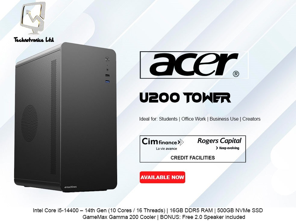 Acer U200 Tower | Intel Core i5-14400 – 14th Gen (10 Cores / 16 Threads) | 16GB DDR5 RAM | 500GB NVMe SSD
