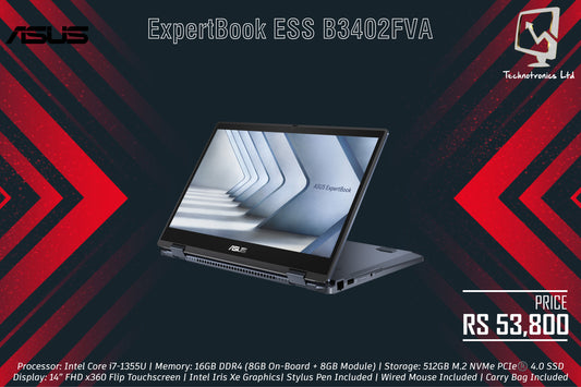 ASUS ExpertBook ESS B3402FVA | Processor: Intel Core i7-1355U | Memory: 16GB DDR4 | Storage: 512GB M.2 NVMe PCIe | Display: 14” FHD x360 Flip Touchscreen