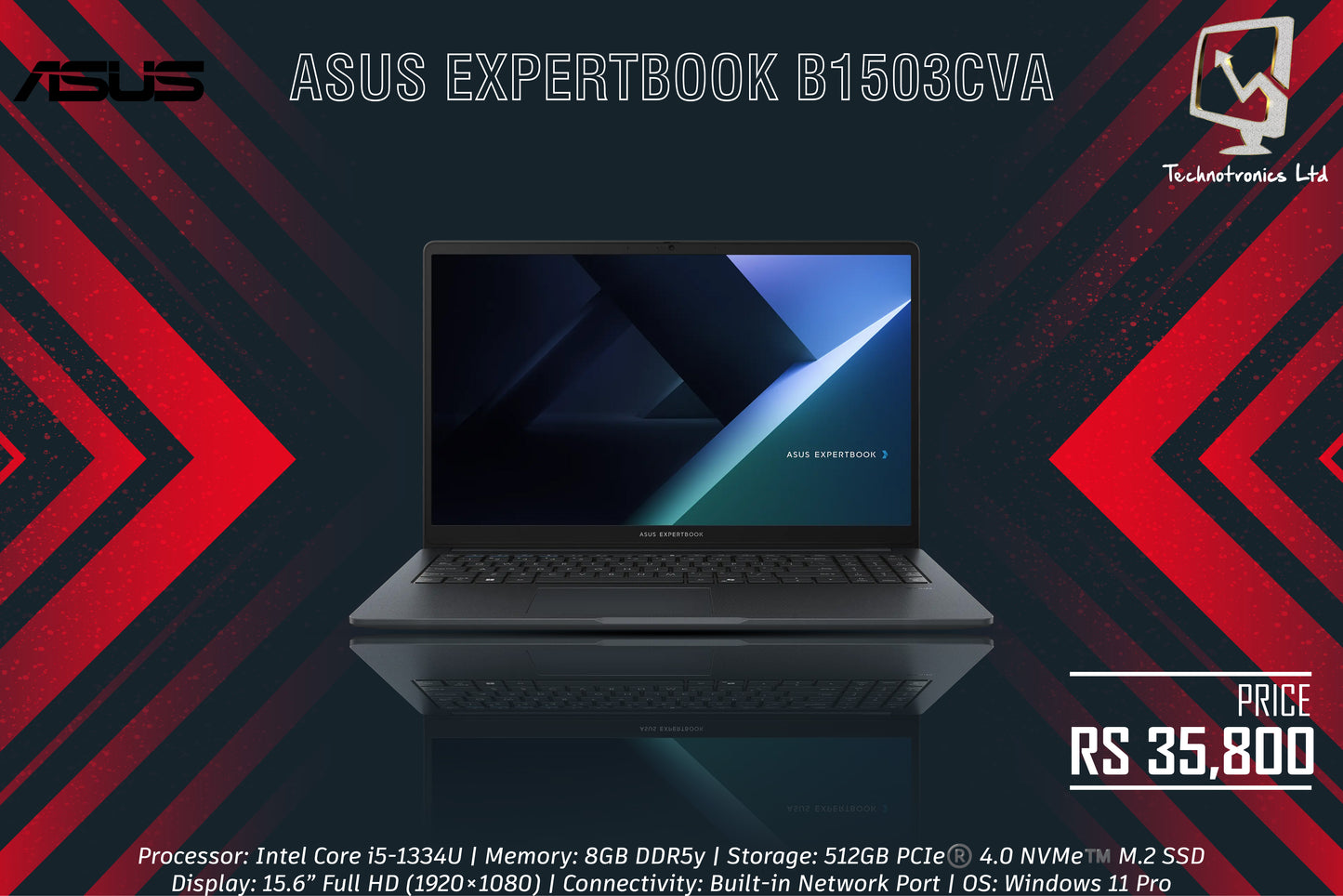 ASUS EXPERTBOOK B1503CVA-I58512BMUX | Processor: Intel Core i5-1334U | Memory: 8GB DDR5 | Storage: 512GB PCIe®️ 4.0 NVMe