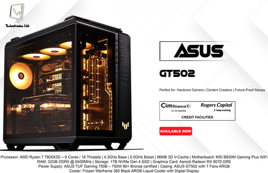 ASUS GT502 | Processor: AMD Ryzen 7 7800X3D | RAM: 32GB DDR5 | Storage: 1TB NVMe Gen 4 SSD | Graphics Card: Asrock Radeon RX 9070 GRE