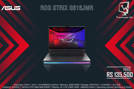 ASUS ROG STRIX G615JMR | Processor: Intel®️ Core™️ i9-14900HX | Memory: 32GB DDR5 | Storage: 1TB PCIe®️ 4.0 NVMe™️ M.2 SSD | Graphics: NVIDIA®️ GeForce RTX 5060 8GB GDDR7