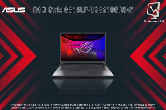 ASUS ROG Strix G815LP-U93210GR5W | Processor: Ultra 9 275HX (2.7GHz) | Memory: 32GB DDR5 | Storage: 1TB PCIe®️ 4.0 NVMe | Graphics: NVIDIA®️ GeForce RTX™️ 5070 8GB GDDR7