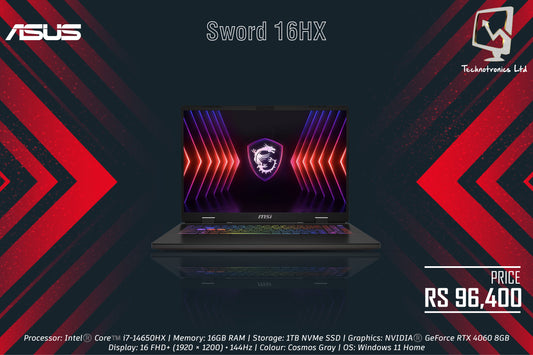 MSI Sword 16HX Gaming Laptop | Processor: Intel®️ Core™️ i7-14650HX | Memory: 16GB RAM | Storage: 1TB NVMe SSD | Graphics: NVIDIA®️ GeForce RTX 4060 8GB |