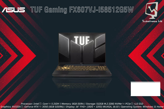 ASUS TUF Gaming FX607VJ-I58512G5W | Processor: Intel®️ Core™️ 5 210H | Memory: 8GB DDR4 | Storage: 512GB M.2 2280 NVMe™️ PCIe | Graphics: NVIDIA®️ GeForce RTX™️ 3050 (6GB GDDR6)