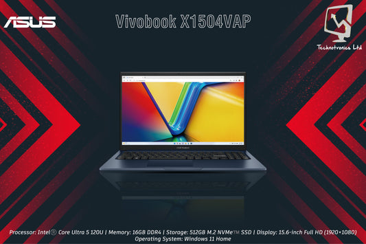 Vivobook X1504VAP | Processor: Intel®️ Core 5 120U | Memory: 16GB DDR4 | Storage: 512GB M.2 NVMe