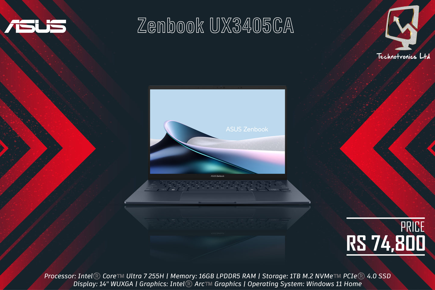 ASUS Zenbook UX3405CA-OU71610S5W | Processor: Intel®️ Core™️ Ultra 7 255H | Memory: 16GB LPDDR5 RAM | Storage: 1TB M.2 NVMe | Graphics: Intel®️ Arc™️ Graphics