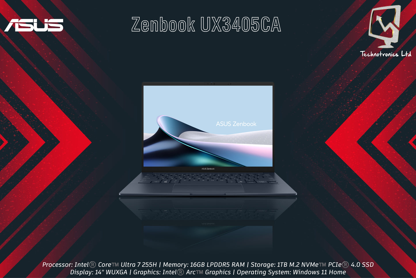 ASUS Zenbook UX3405CA-OU71610S5W | Processor: Intel®️ Core™️ Ultra 7 255H | Memory: 16GB LPDDR5 RAM | Storage: 1TB M.2 NVMe | Graphics: Intel®️ Arc™️ Graphics