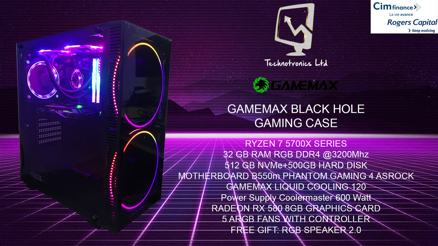 GAMEMAX BLACK HOLE GAMING CASE, RYZEN 7 5700X SERIES, 32 GB RAM RGB DDR4@3200Mhz, 512 GB NVMe+500 GB HARD DISK, RX 580 8GB GRAPHICS CARD