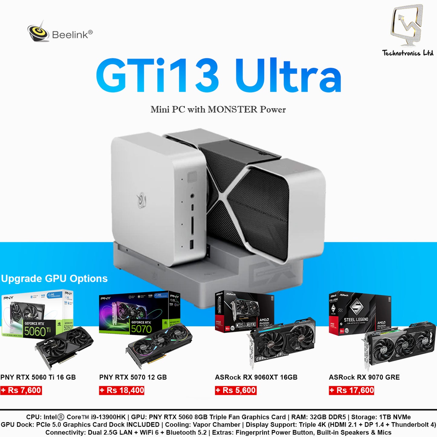 Beelink GTi13 Ultra Tower | CPU: Intel®️ Core™️ i9-13900HK | GPU: PNY RTX 5060 8GB Triple Fan | RAM: 32GB DDR5 | Storage: 1TB NVMe