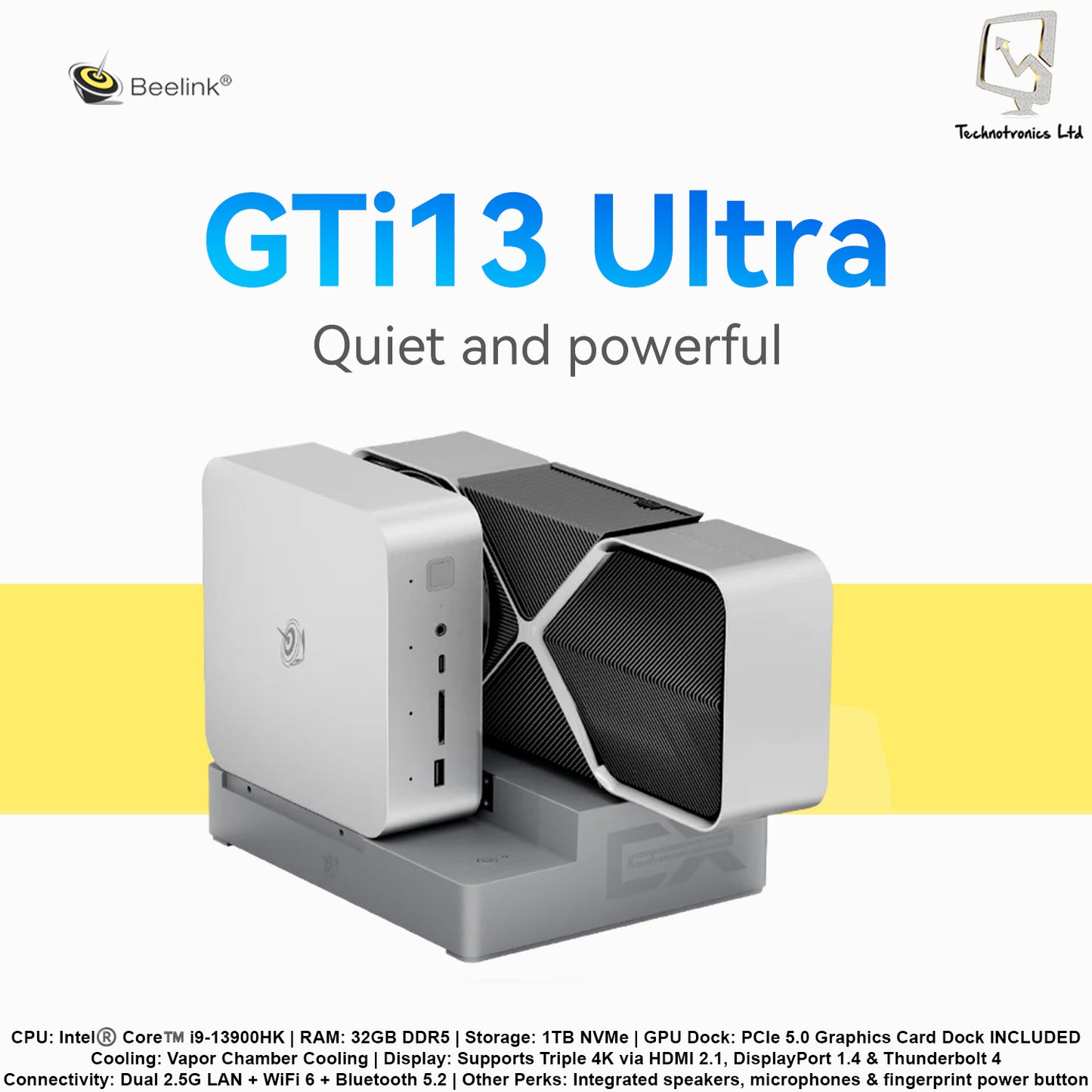 Beelink GTi13 Ultra With GPU Docking | CPU: Intel®️ Core™️ i9-13900HK | RAM: 32GB DDR5 | Storage: 1TB NVMe |