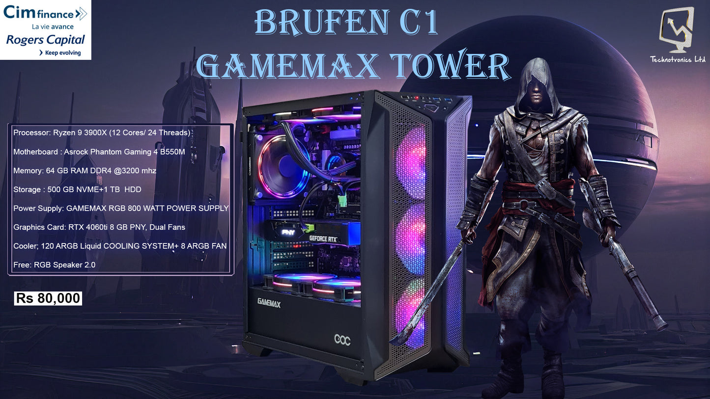 Brufen C1 GAMEMAX TOWER, Ryzen 9 3900X, 64 GB RAM DDR4 @3200 mhz,L 500 GB NVME+1 TB HDD, RTX 4060ti 8 GB PNY