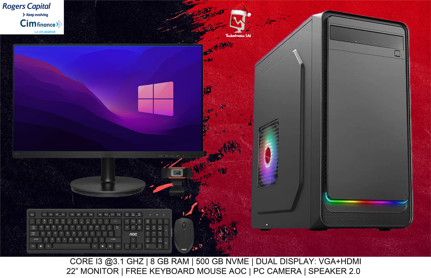 CORE I3 @3.3 GHZ, 8 GB RAM DDr4 , 500 GB NVME