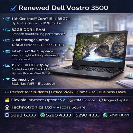Dell Vostro 3500 | Core™️ i5-1135G7 | 32GB DDR4 RAM | 128 GB NVMe SSD + 500GB HDD | Intel®️ Iris®️ Xe Graphics