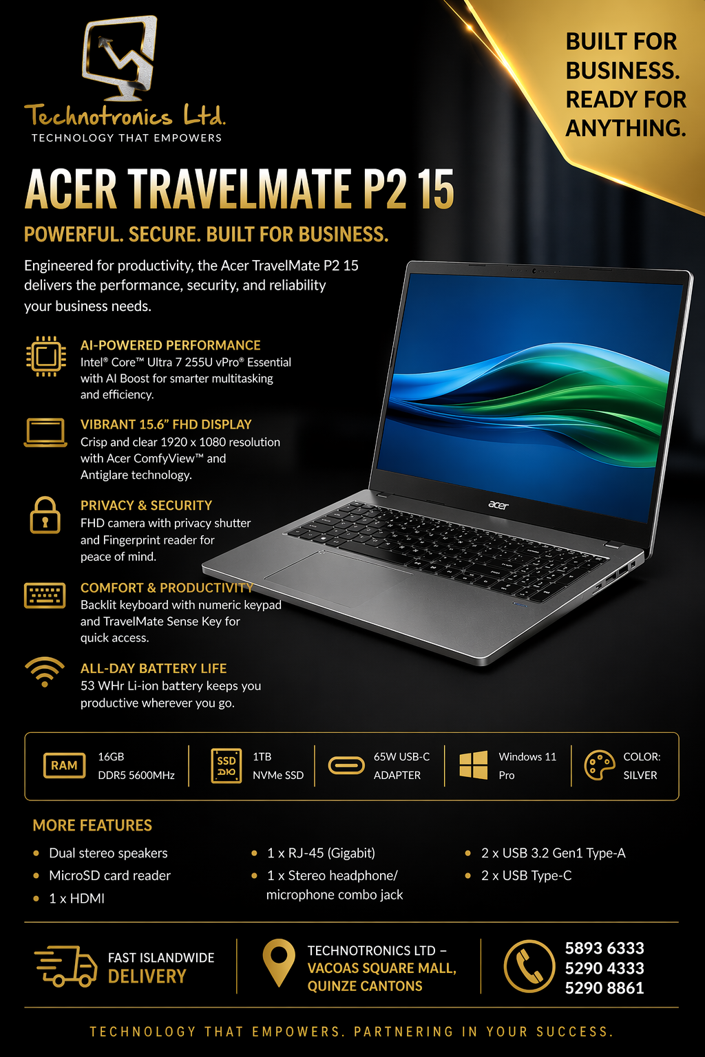 Acer TravelMate P2 15| Intel Core Ultra 7 255U | 16GB DDR5 RAM | 1TB NVMe SSD