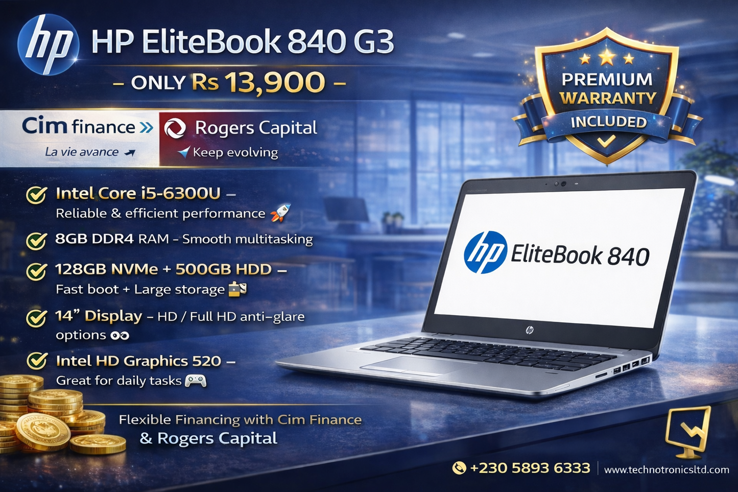 Renewed HP EliteBook 840 G3 Core i5 , 8 GB ram DDR4, 128GB Nvme+ 500 GB Hard Disk โ ONLY Rs 13,900