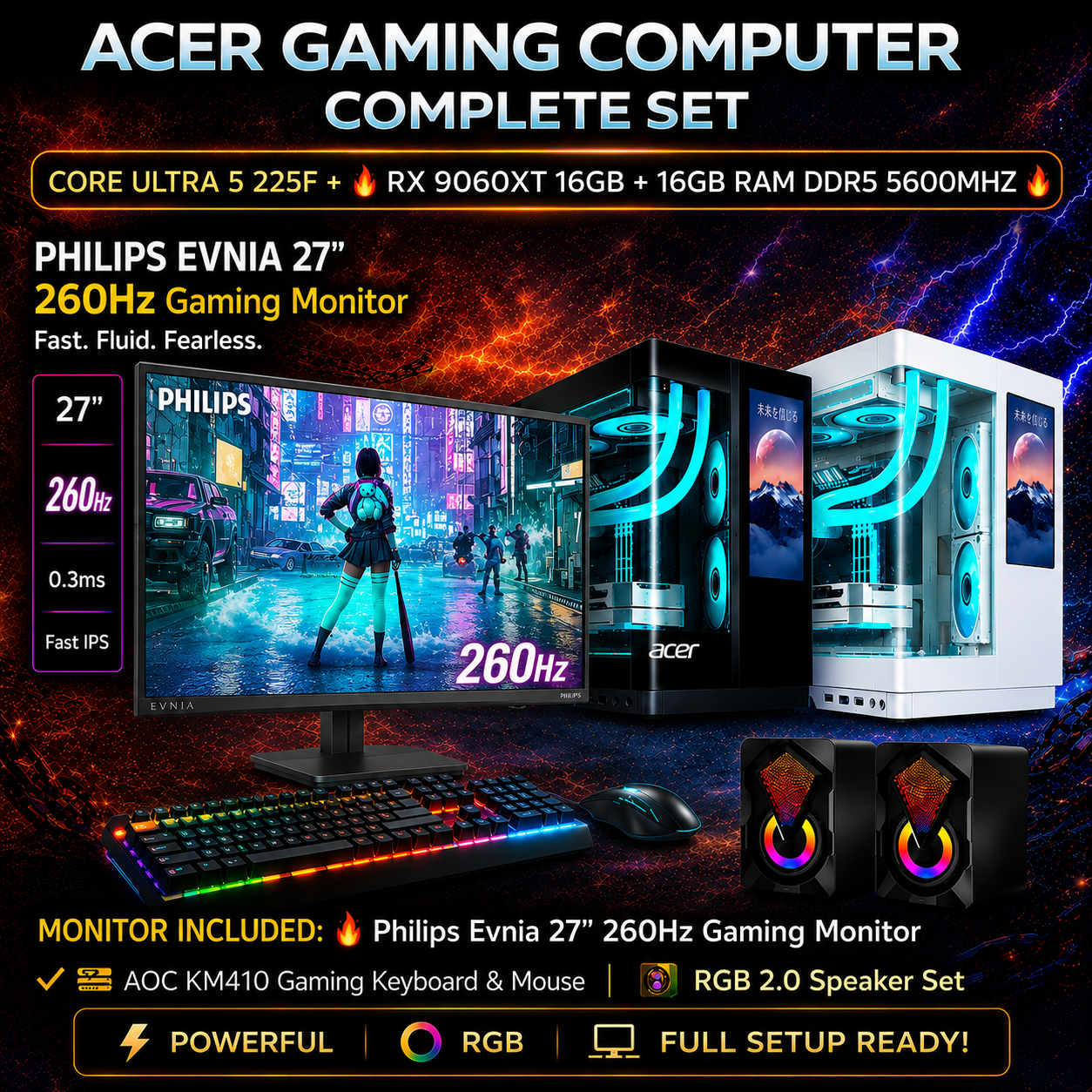 ACER GAMING COMPLETE SET (BLACK / WHITE) | CPU: Intel Core Ultra 5 225F | 16GB DDR5 @ 5600MHz | 500GB NVMe Gen 4 | ASRock RX 9060XT 16GB