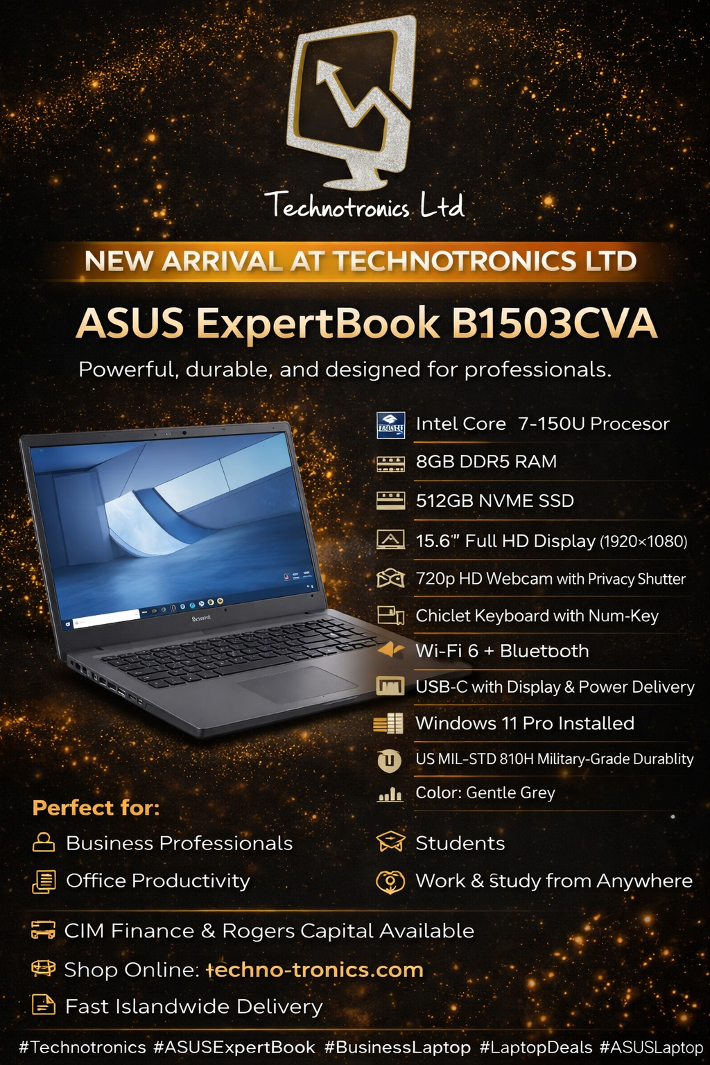 ASUS ExpertBook B1503CVA| Intel Core 7-150U| 8GB DDR5 RAM| 512GB NVMe SSD