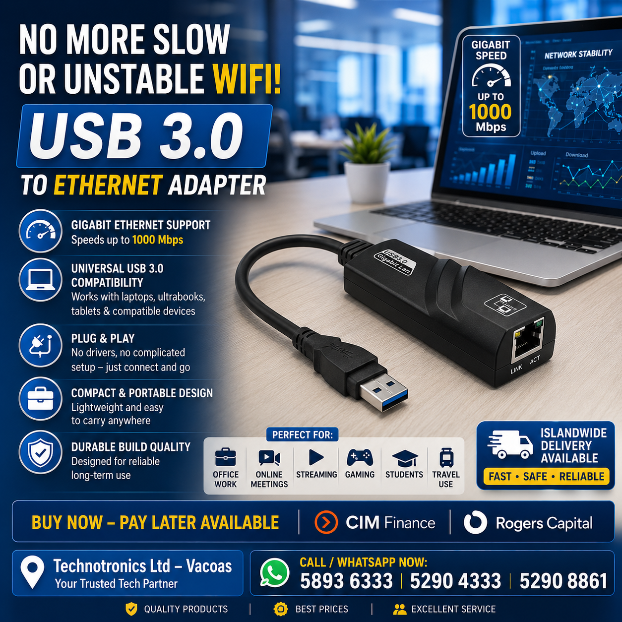 High Speed USB 3.0 To RJ45 Network Card USB To RJ45 Ethernet Lan Adapter!