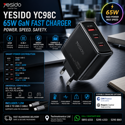 Yesido YC98C – 65W GaN Fast Charging Wall Charger (With Cable)