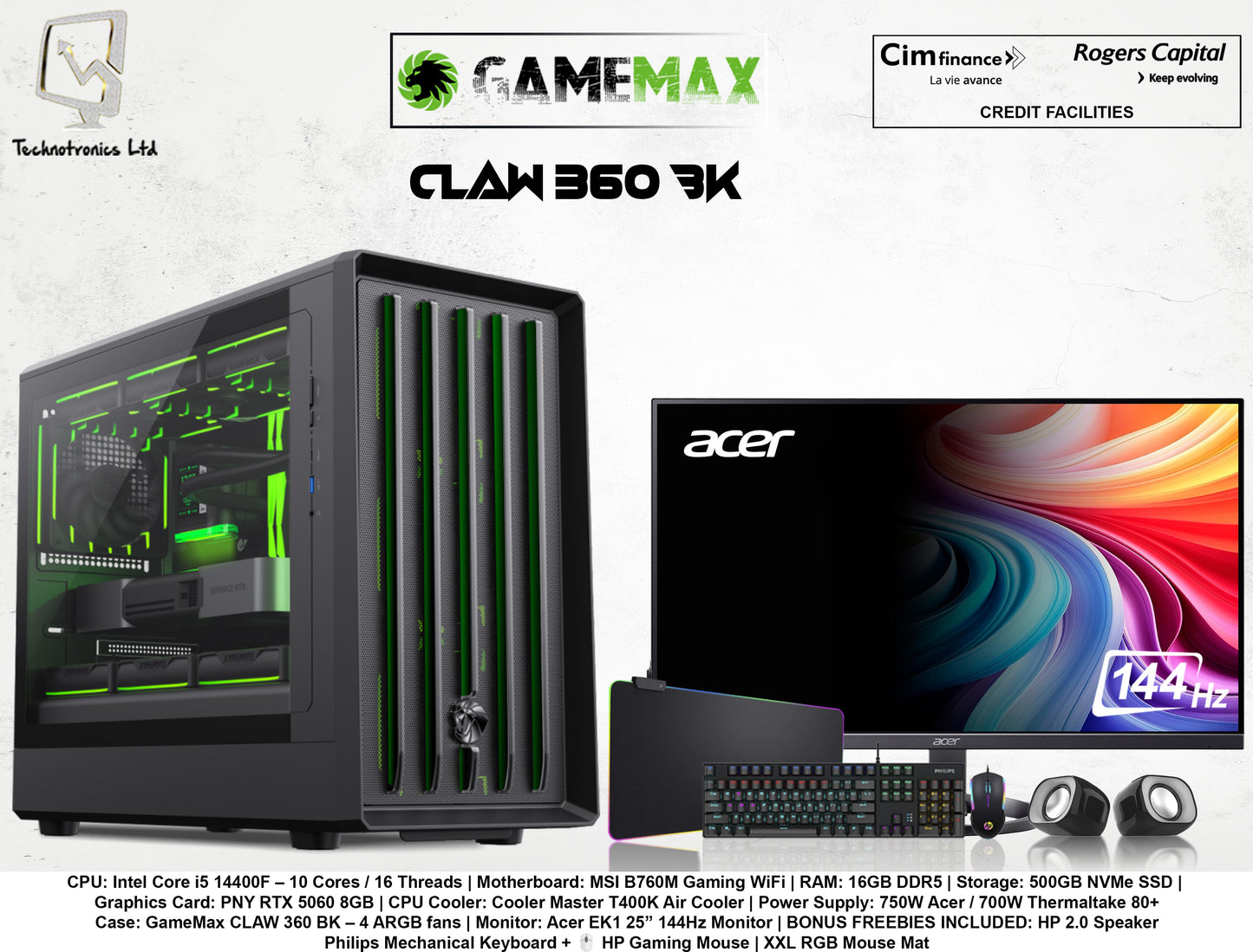 GAMEMAX CLAW 360 BK Set | Intel Core i5 14600KF | RAM: 16GB DDR5 | Storage: 500GB NVMe SSD | Graphics Card: PNY RTX 5060 8GB
