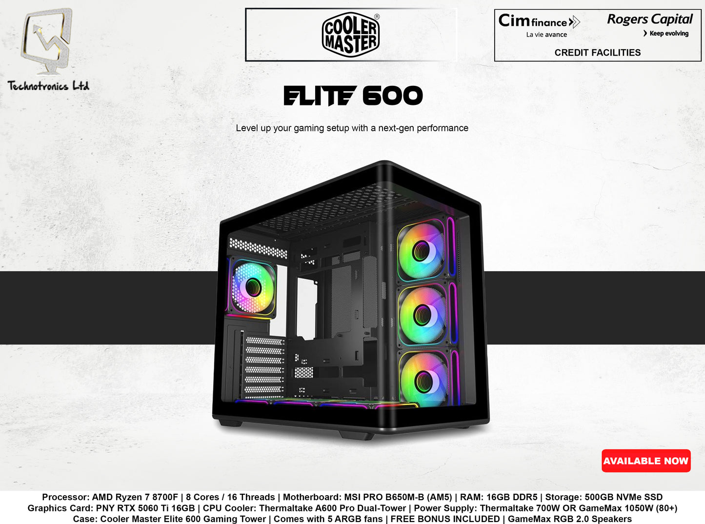 Cooler Master Elite 600 Gaming Tower | Processor: AMD Ryzen 7 8700F | RAM: 16GB DDR5 | Storage: 500GB NVMe SSD | Graphics Card: PNY RTX 5060 Ti 16GB