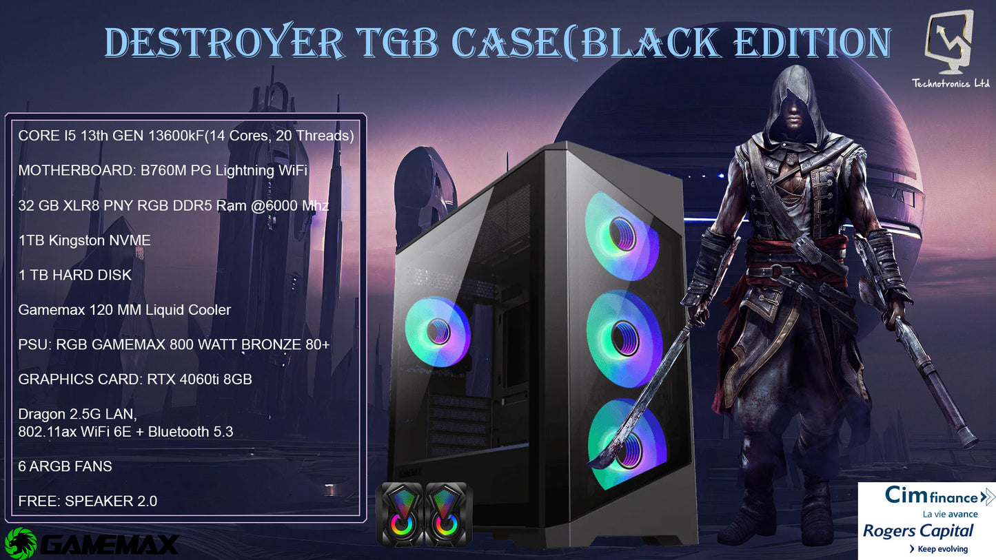 Gamemax Destroyer TGB, CORE I5 13th GEN,MOTHERBOARD: B760M PG Lightning WiFi,32 GB XLR8 PNY RGB DDR5 Ram,1TB Kingston NVME, RTX 4060ti 8GB