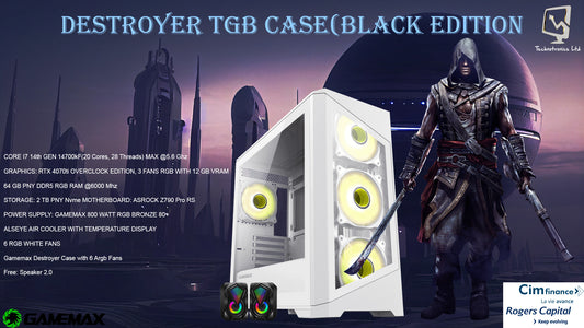Gamemax Destroyer Case White Edition Tower, CORE I7 14TH GEN 14700KF, GRAPHICS: RTX 4070ti OVERCLOCK EDITION, 64 GB PNY DDR5 RGB RAM @6000 Mhz,  2 TB PNY Nvme