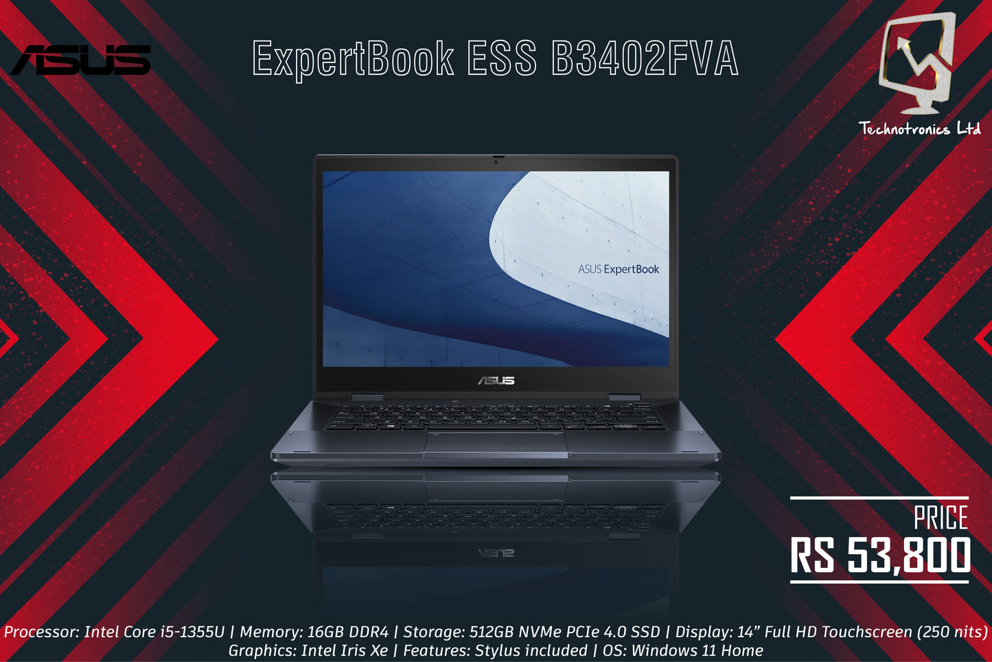 ASUS ExpertBook ESS B3402FVA | Processor: Intel Core i5-1355U | Memory: 16GB DDR4 | Storage: 512GB NVMe PCIe 4.0 SSD | Graphics: Intel Iris Xe