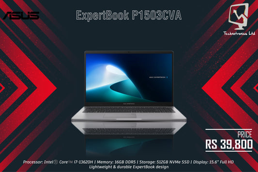 Asus ExpertBook P1503CVA-I716512GMU1W | Processor: Intel®️ Core™️ i7-13620H | Memory: 16GB DDR5 | Storage: 512GB NVMe SSD | Display: 15.6” Full HD