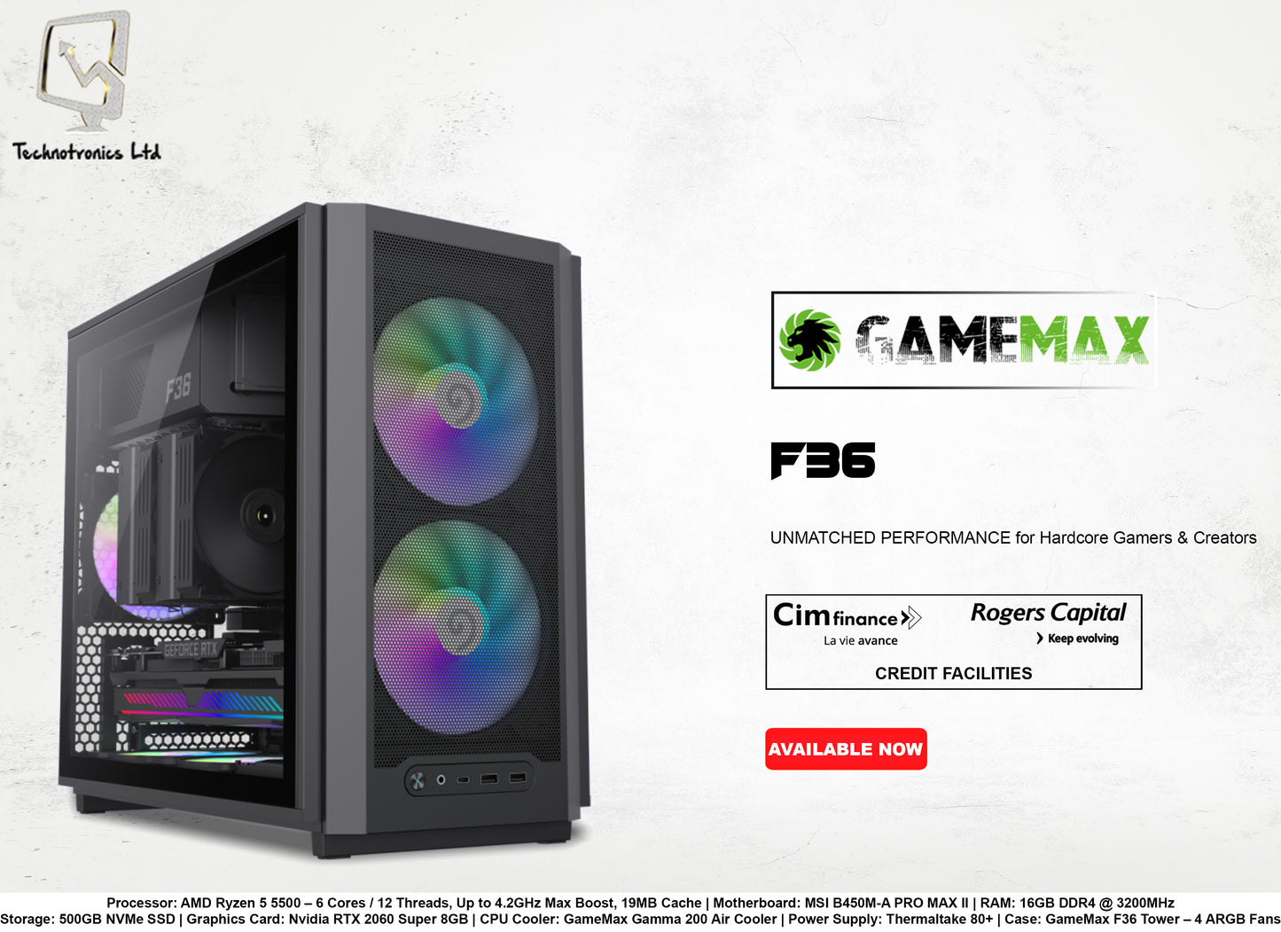 GAMEMAX F36 GAMING TOWER | Processor: AMD Ryzen 5 5500 | Storage: 500GB NVMe SSD | RAM: 16GB DDR4 | Graphics Card: Nvidia RTX 2060 Super 8GB