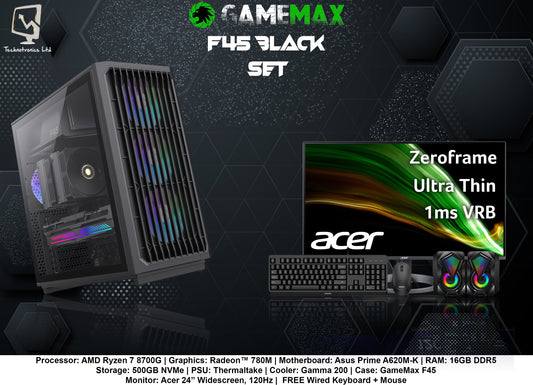 GameMax F45 Black Set |Ryzen 7 8700G, 16GB ram DDR5, 500 GB Nvme, 24 Inch Acer Screen 120hz