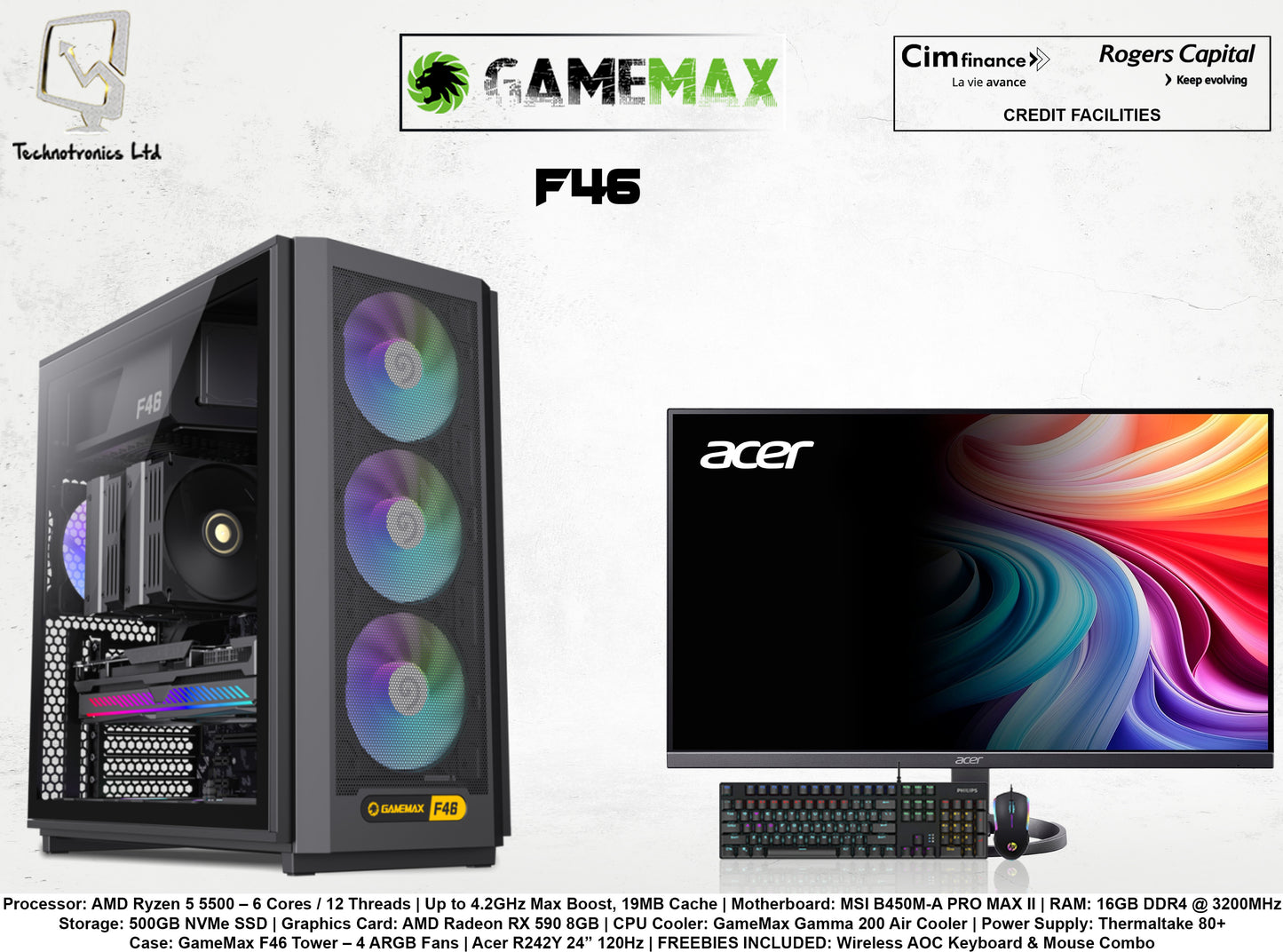 GAMEMAX F46 GAMING SET | Processor: AMD Ryzen 5 5500 | RAM: 16GB DDR4 | Storage: 500GB NVMe SSD | Graphics Card: AMD Radeon RX 590 8GB