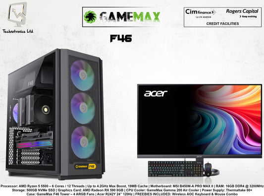 GAMEMAX F46 GAMING SET | Processor: AMD Ryzen 5 5500 | RAM: 16GB DDR4 | Storage: 500GB NVMe SSD | Graphics Card: AMD Radeon RX 590 8GB