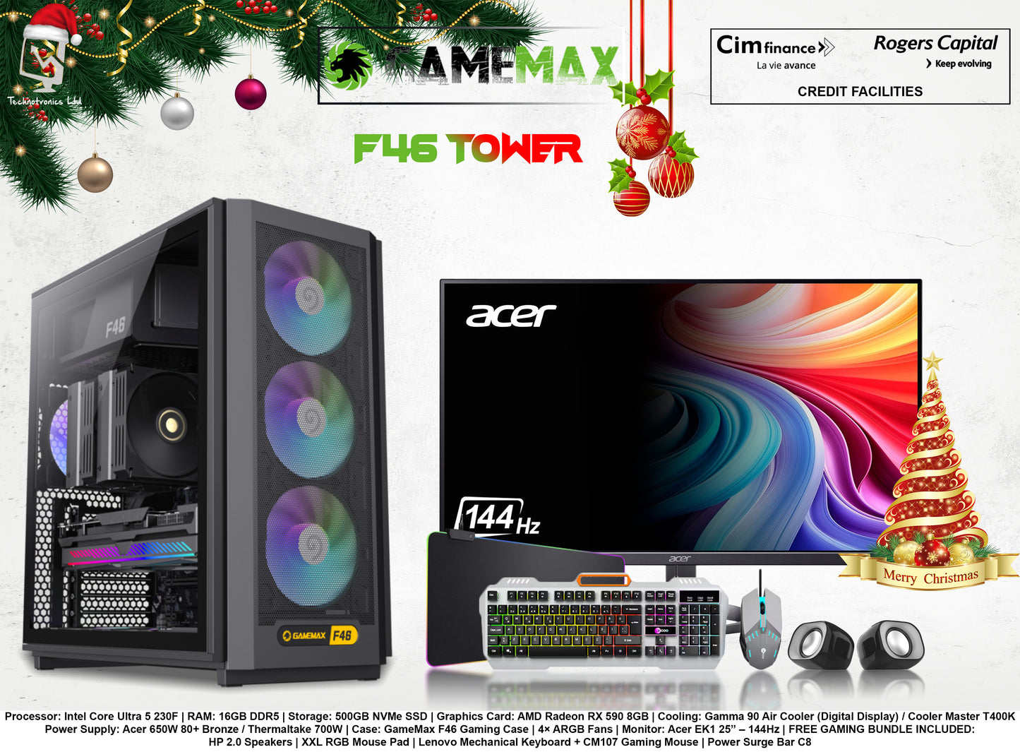 GameMax F46 Gaming Case Tower | Processor: Intel Core Ultra 5 230F | RAM: 16GB DDR5 | Graphics Card: AMD Radeon RX 590 8GBStorage: 500GB NVMe SSD |